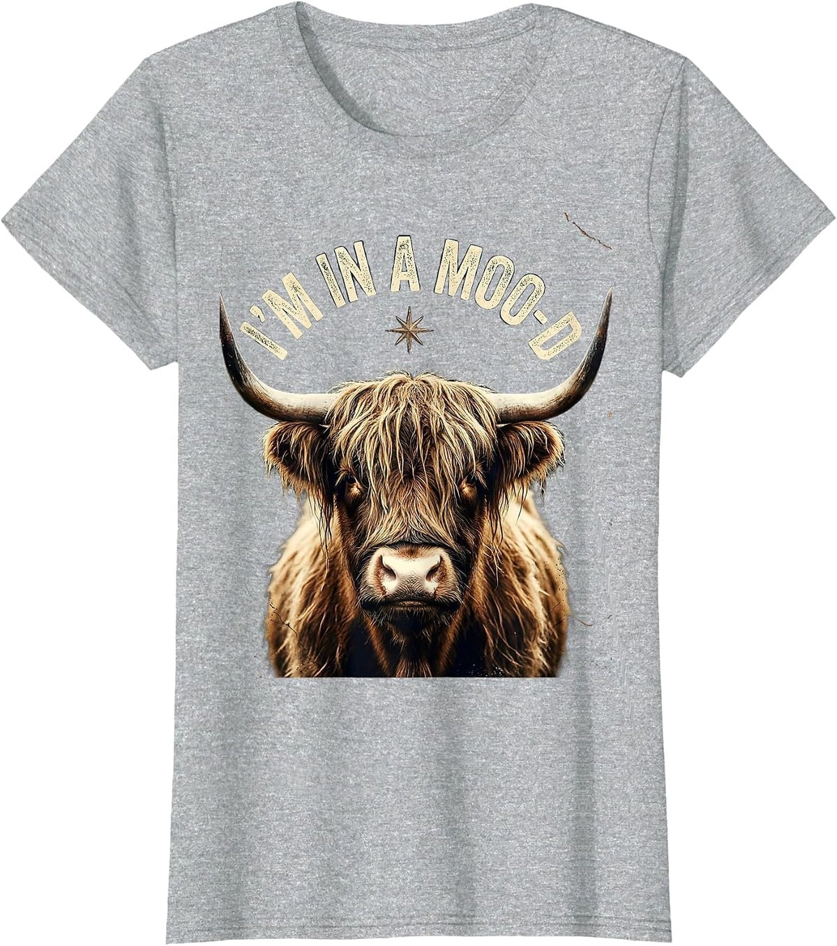I'm In A Moo-D Distressed Highland Cow Farm Animal Humor T-Shirt - Heather Grey