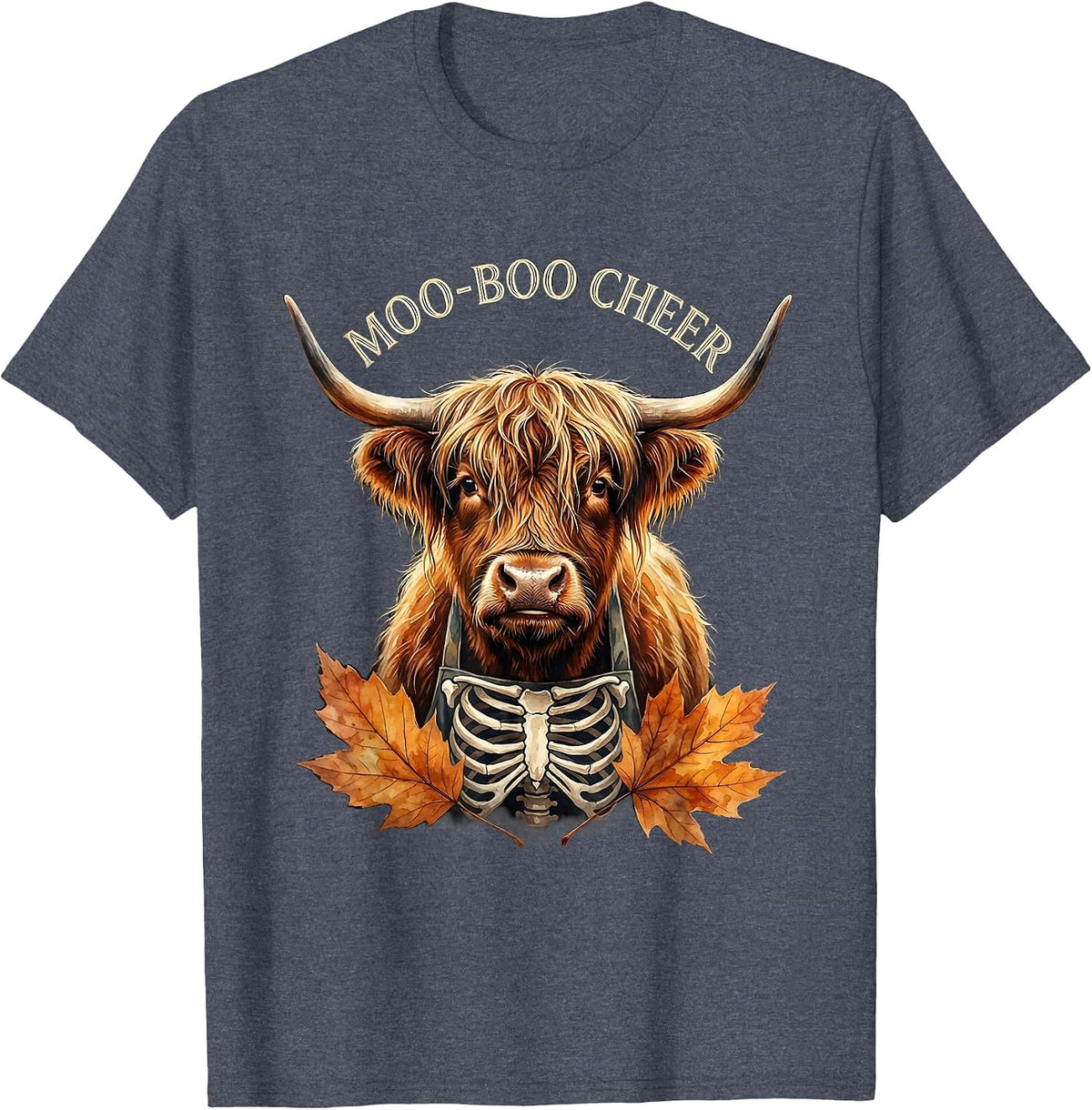 Moo-BOO Cheer Whimsical Highland Cow Halloween Fall Costume T-Shirt - Heather Blue