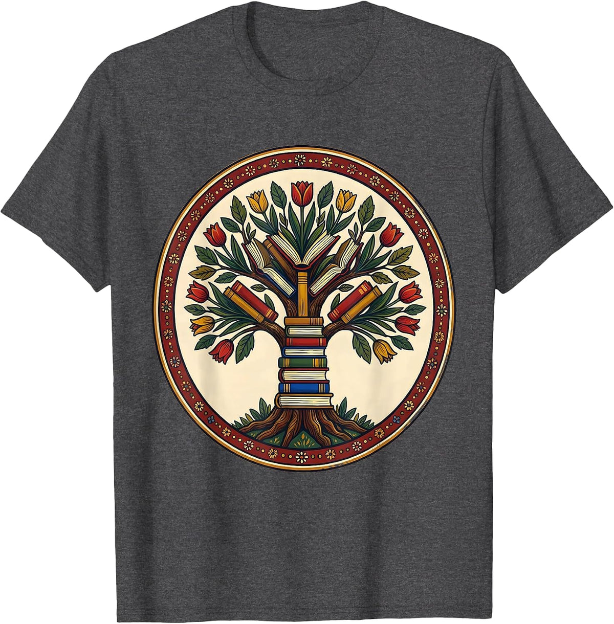 Colorful Book Tree Reading Teacher Literature Art T-Shirt - Dark Heather Grey