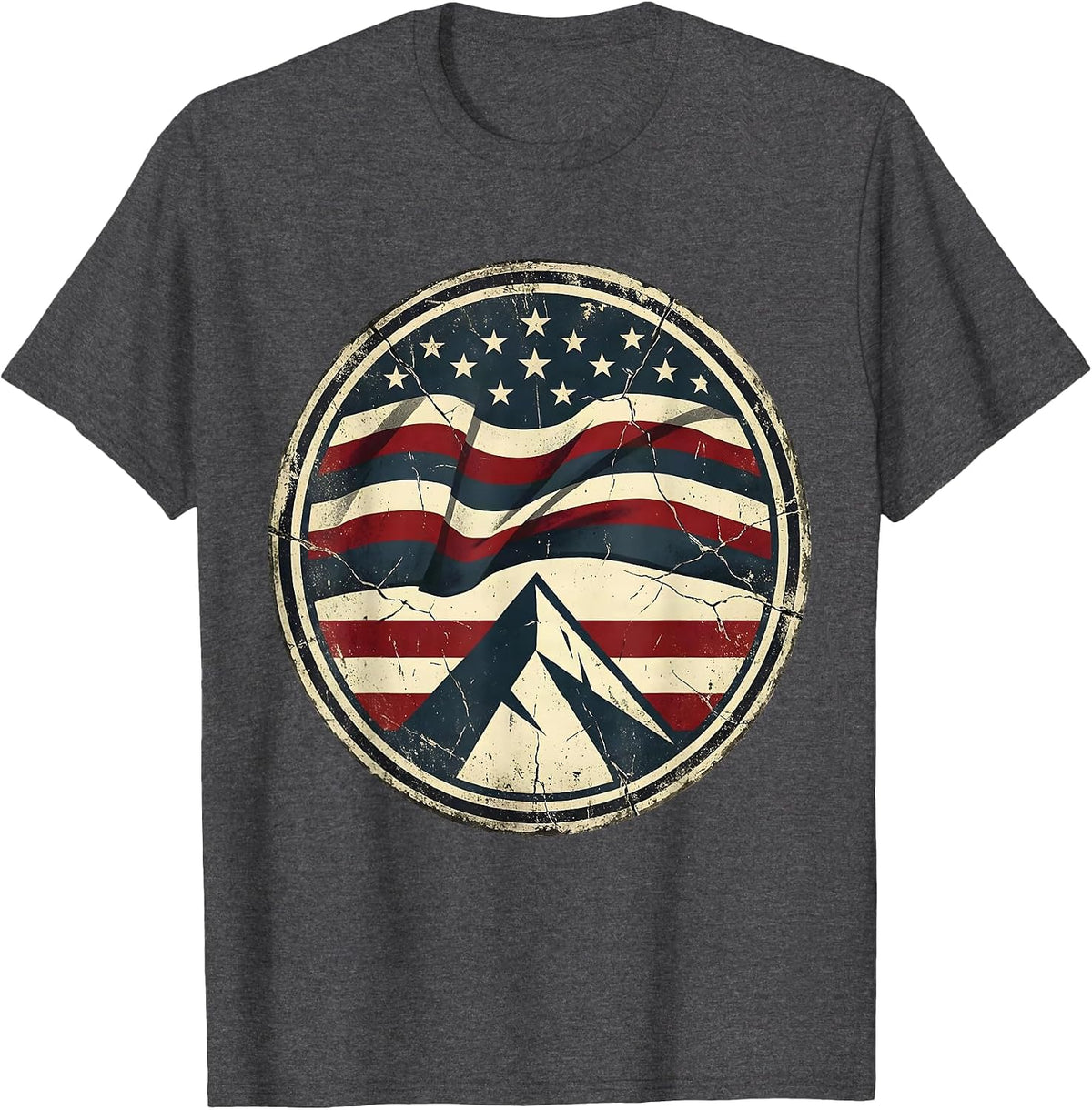 Weathered American Flag Over Mountain Peak T-Shirt - Dark Heather Grey