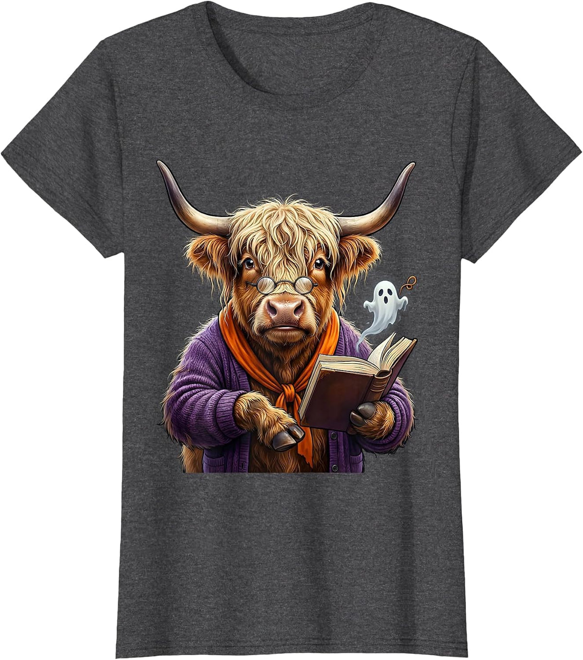 Women's Shaggy Highland Cow Haunted Librarian Halloween Humor T-Shirt - Dark Heather Grey