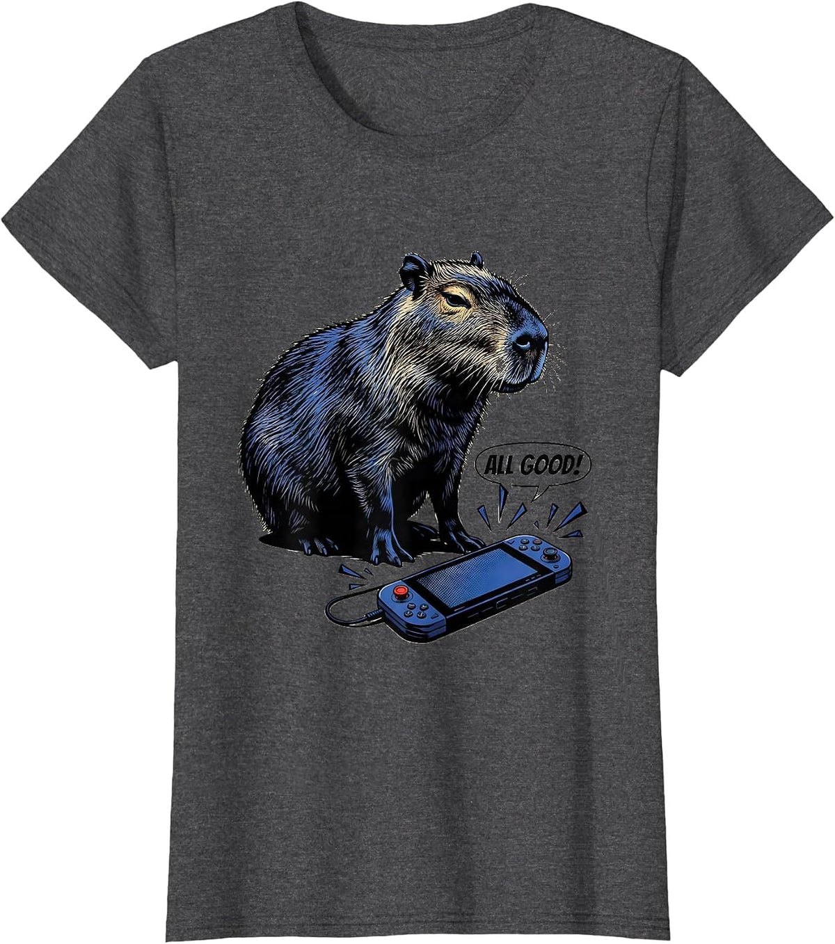 Women's All Good Comic Book Capybara Gamer Meme Humor T-Shirt - Dark Heather Grey