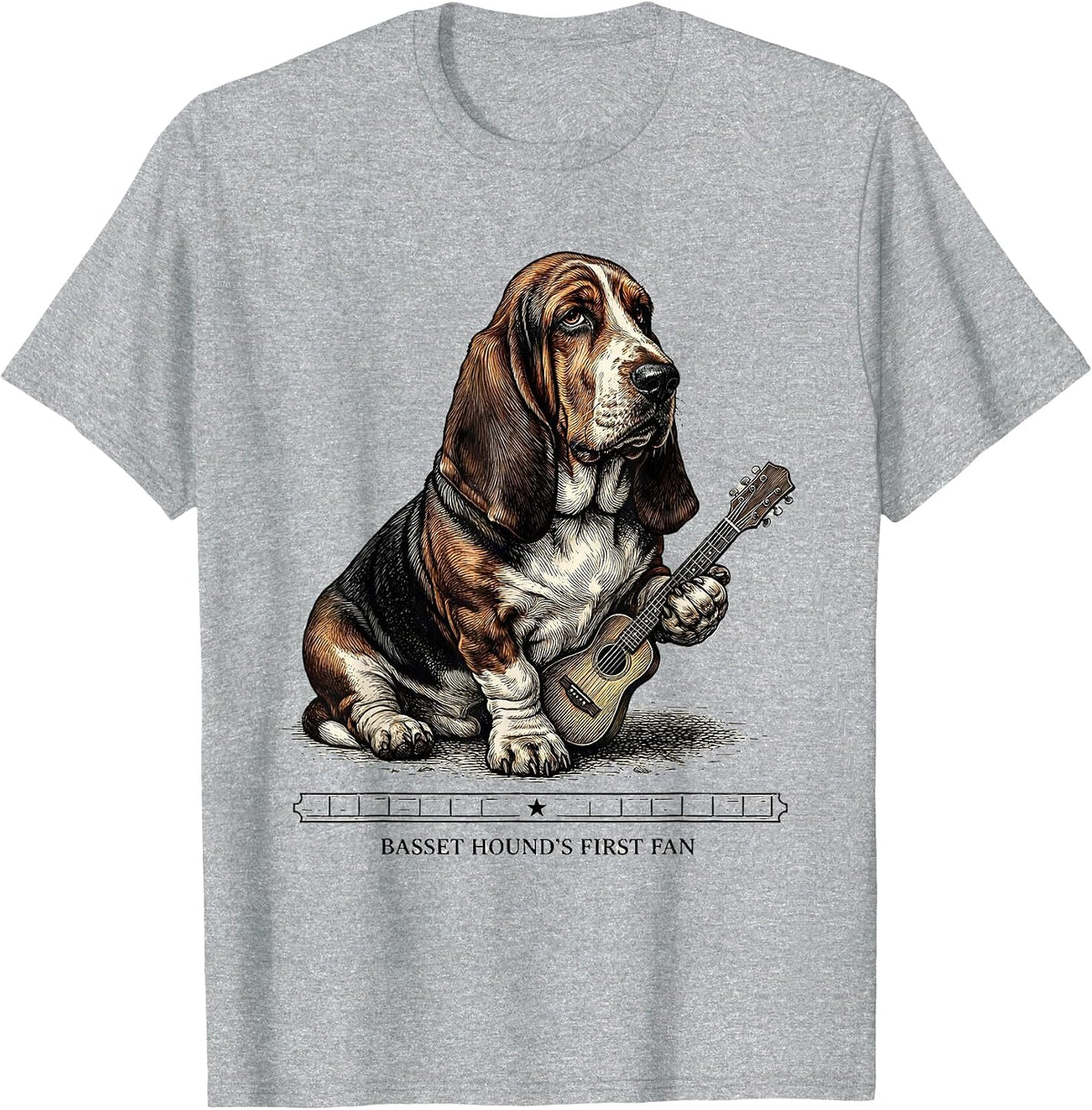 Men's Basset Hound's First Fan Crosshatch Etching Rock Music Dog T-Shirt - Heather Grey