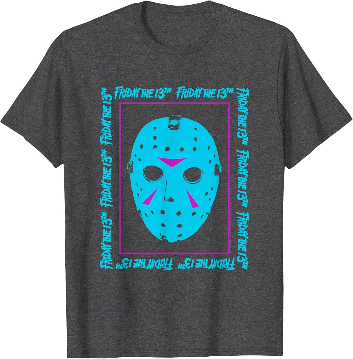 Friday the 13th Blue Mask Neon Summerween Horror Movie T-Shirt - Dark Heather Grey