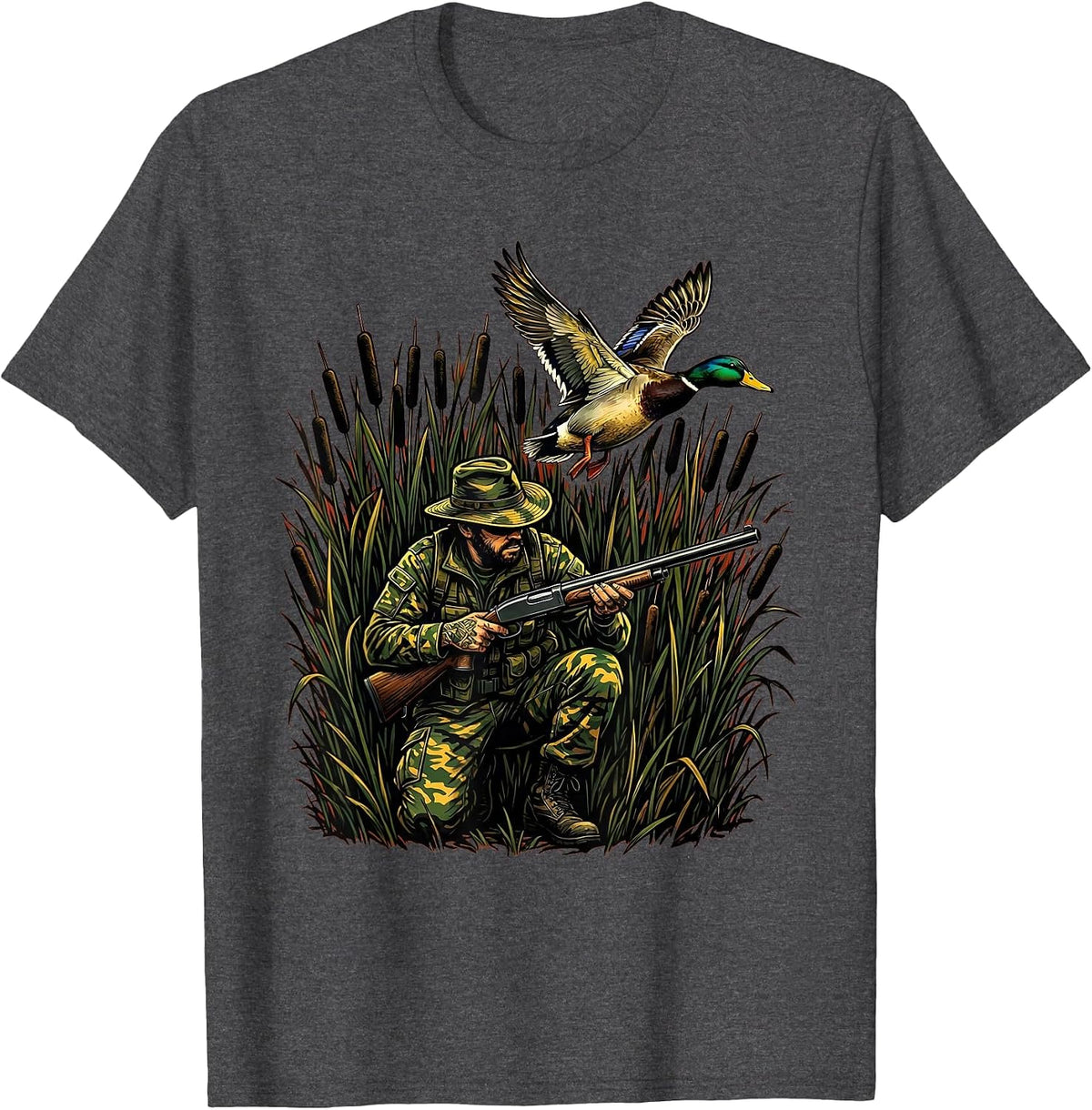 Duck Hunter Crouching in Tall Reeds Illustration T-Shirt - Dark Heather Grey