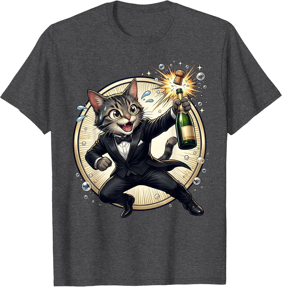 Fancy Cat Champagne Celebration Tuxedo Design T-Shirt - Dark Heather Grey