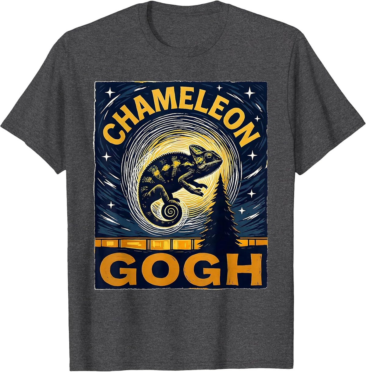 Men's Chameleon Gogh Linocut Funny Chameleon Lover Pet Owner Art T-Shirt - Dark Heather Grey