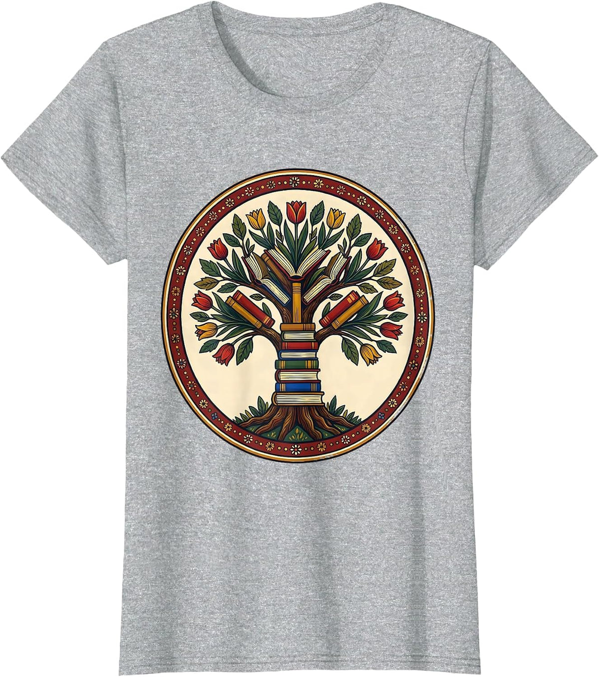 Colorful Book Tree Reading Teacher Literature Art T-Shirt - Heather Grey