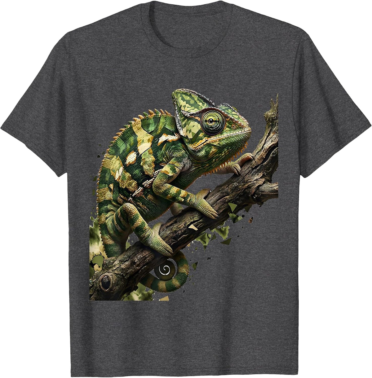 Men's Camouflaged Chameleon on Tree Branch Design T-Shirt - Dark Heather Grey