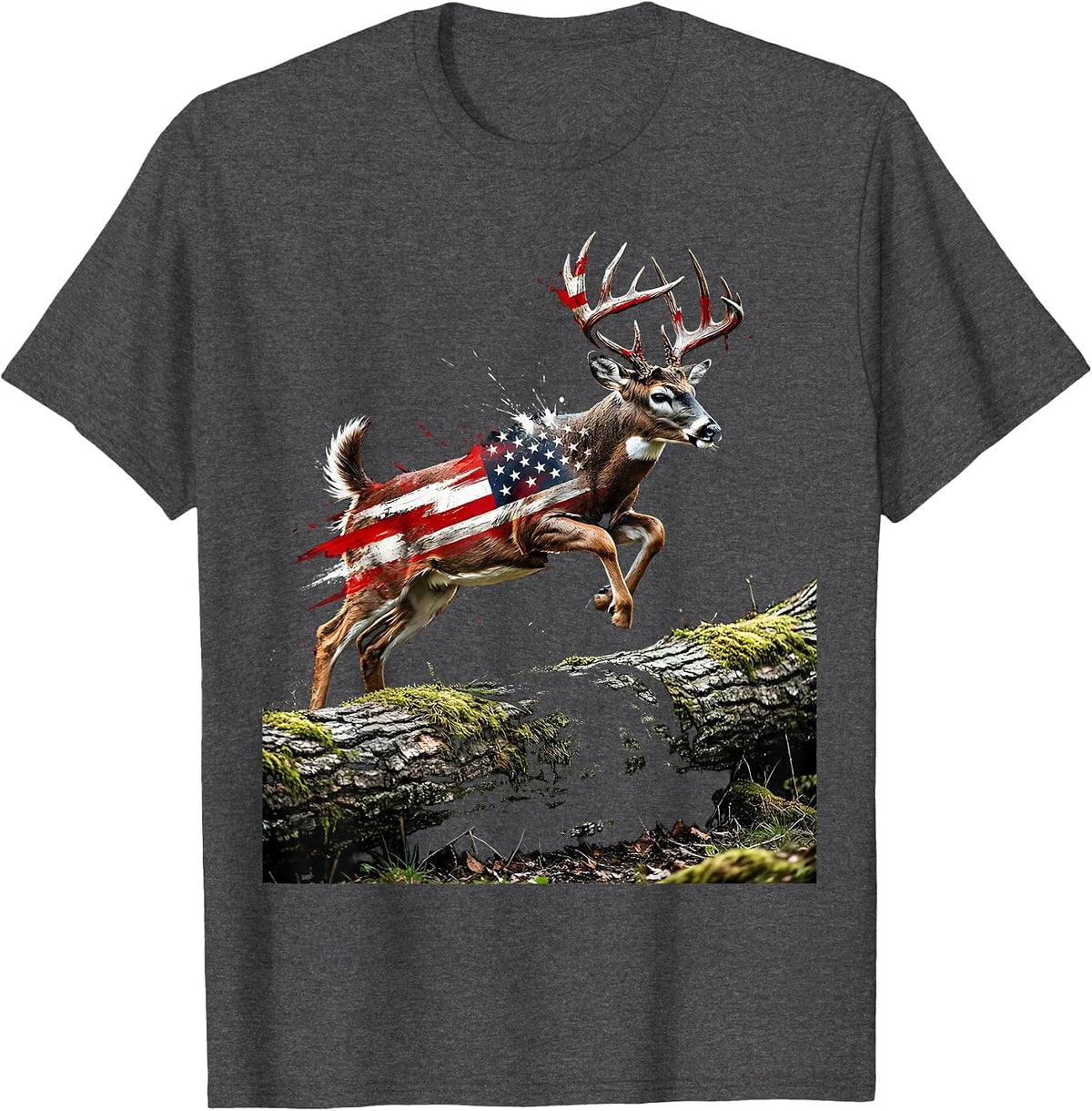 Men's Camo Whitetail Buck Leaping Over Fallen Log T-Shirt - Dark Heather Grey