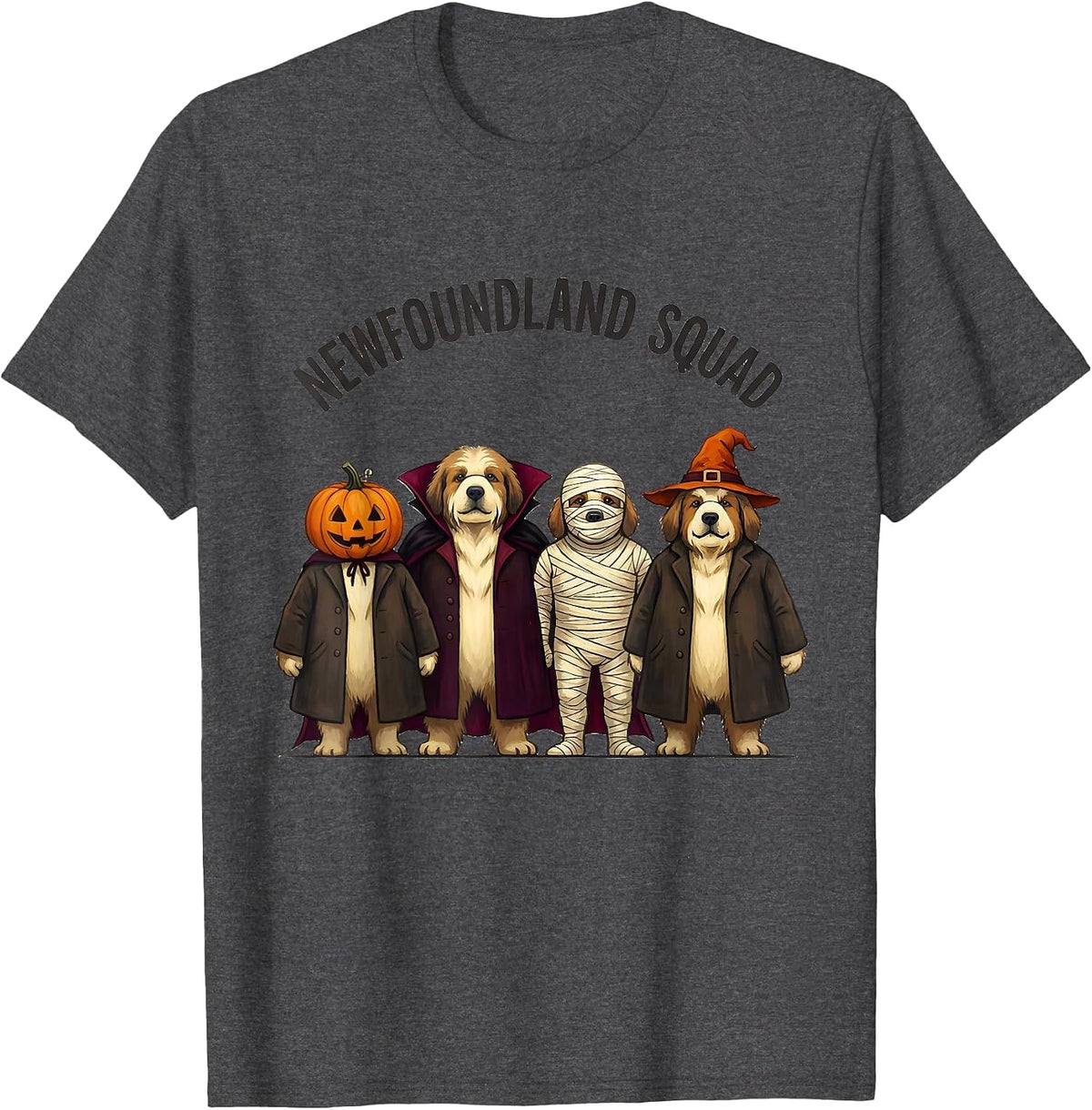 Newfoundland Squad Storybook Halloween Dog Breed Squad T-Shirt - Dark Heather Grey