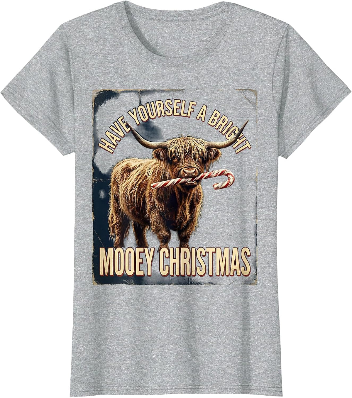 Women's Have Yourself A Bright Mooey Christmas Vintage Highland Cow T-Shirt - Heather Grey