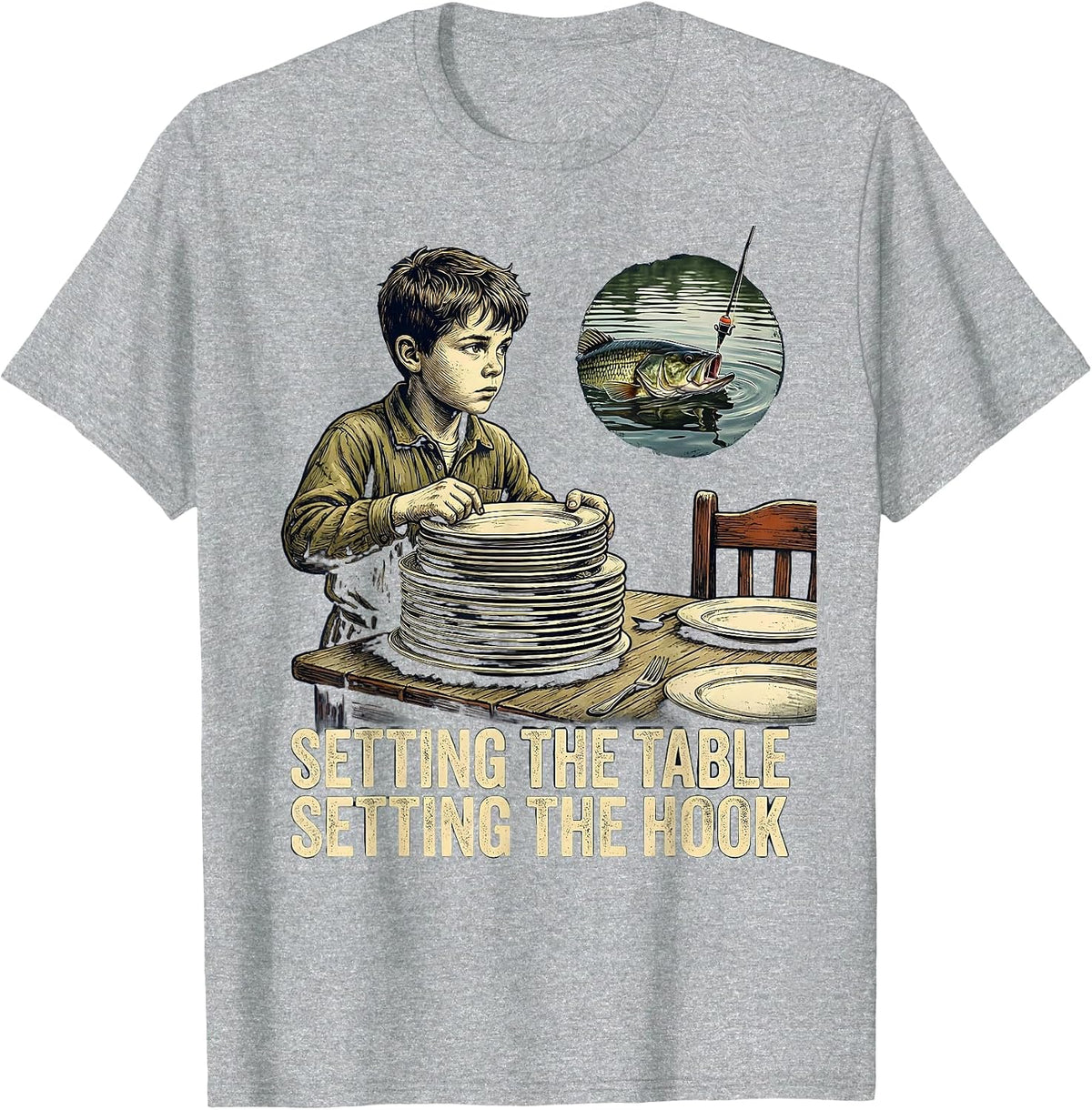 Men's Setting The Table Setting The Hook Vintage Bass Fishing T-Shirt - Heather Grey