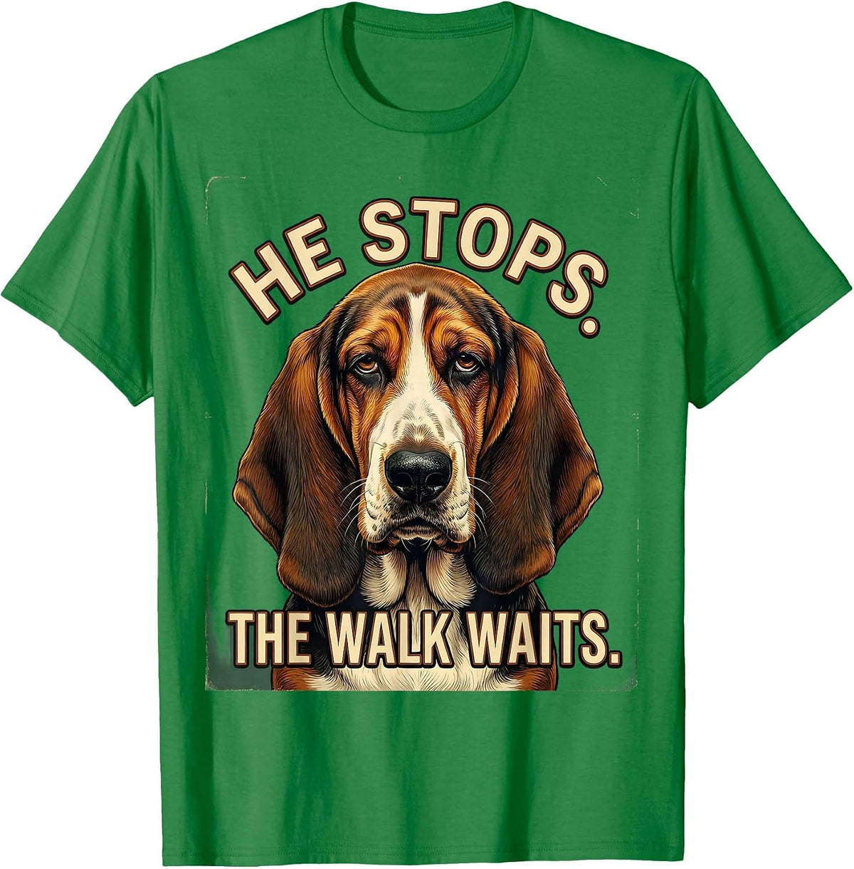 Men's He Stops The Walk Waits Vintage Funny Basset Hound Owner T-Shirt - Kelly Green