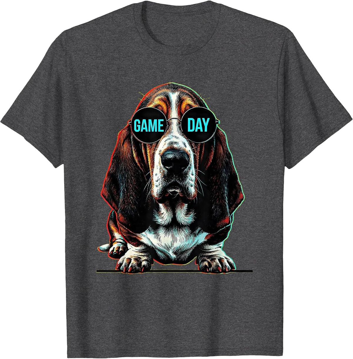 Game Day Pop Art Basset Hound Mascot Sunglasses Humor T-Shirt - Dark Heather Grey