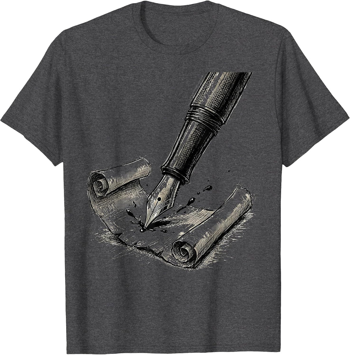 Men's English Teacher Fountain Pen Parchment Scroll Design T-Shirt - Dark Heather Grey