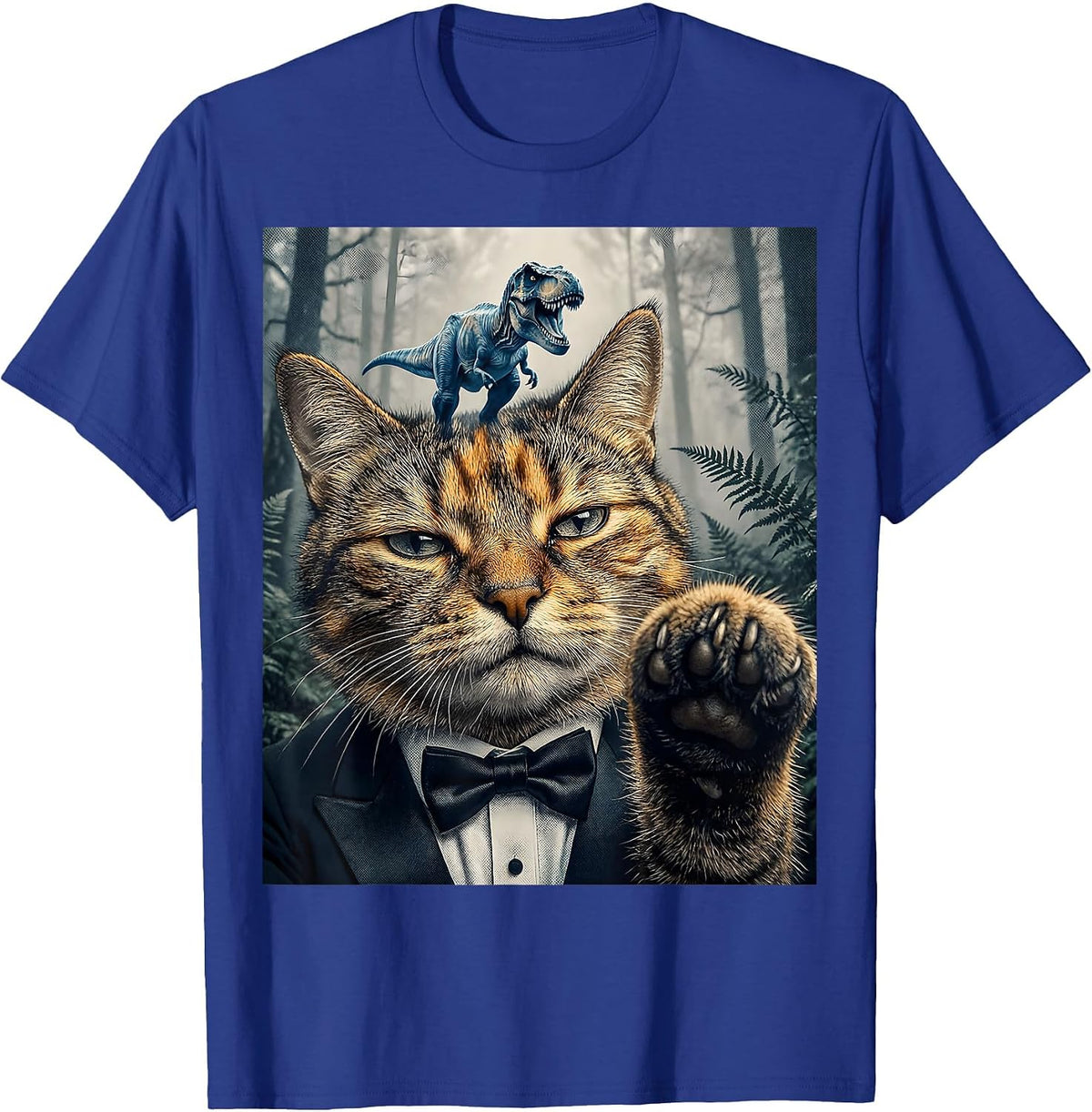 Men's Oversized Deadpan Tuxedo Cat T-Rex Selfie Funny Meme T-Shirt - Royal Blue
