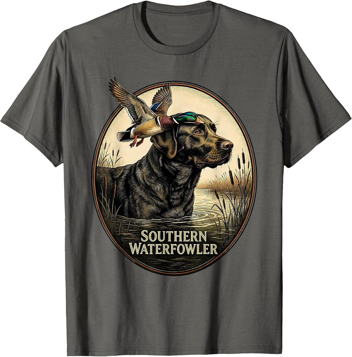 Southern Waterfowler Vintage Labrador Duck Hunting Emblem T-Shirt - Asphalt Grey