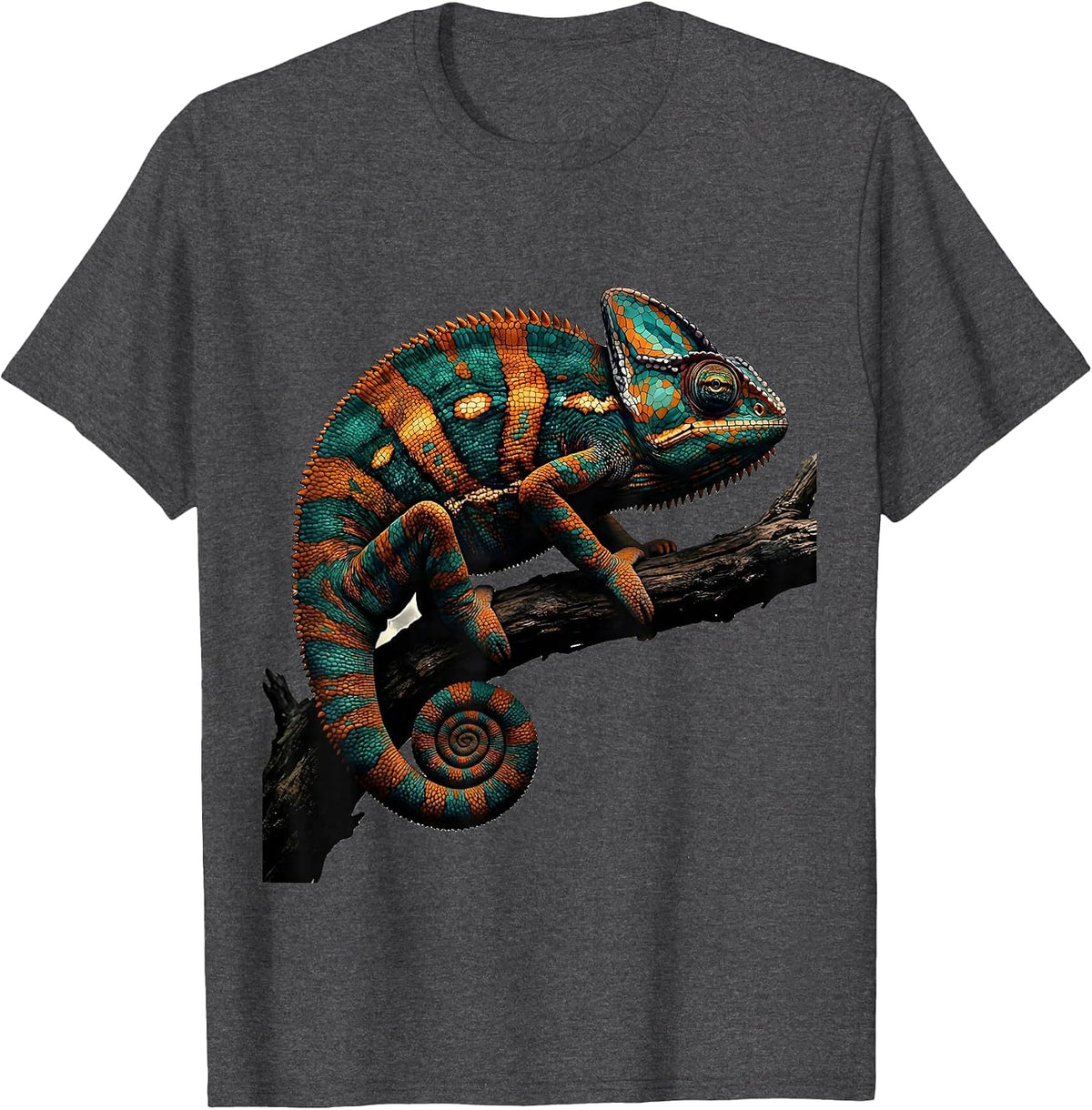 Chameleon on Branch Colorful Animal Kingdom Design T-Shirt - Dark Heather Grey