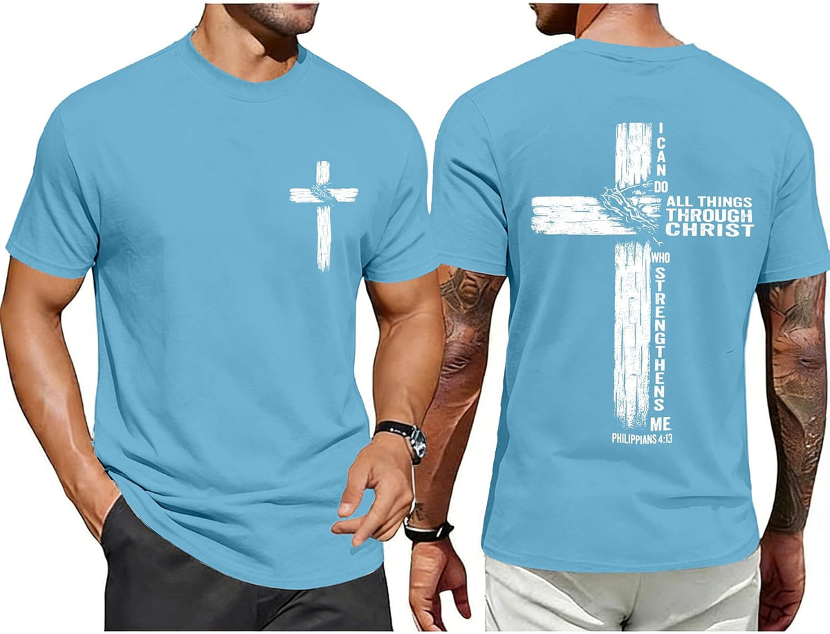 Christian Shirts for Mens Cross Jesus Graphic Tees - Lake Blue