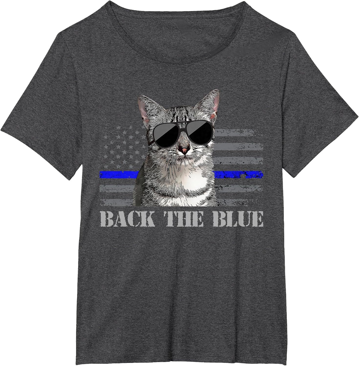 Back the Blue Police Cat Thin Blue Line American Flag T-Shirt - Dark Heather Grey