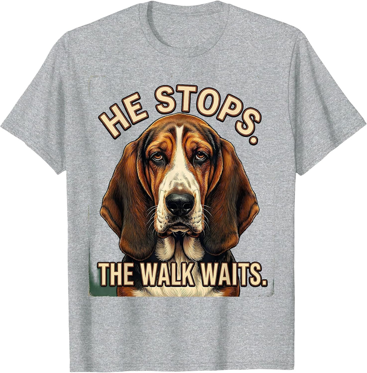 Men's He Stops The Walk Waits Vintage Funny Basset Hound Owner T-Shirt - Heather Grey