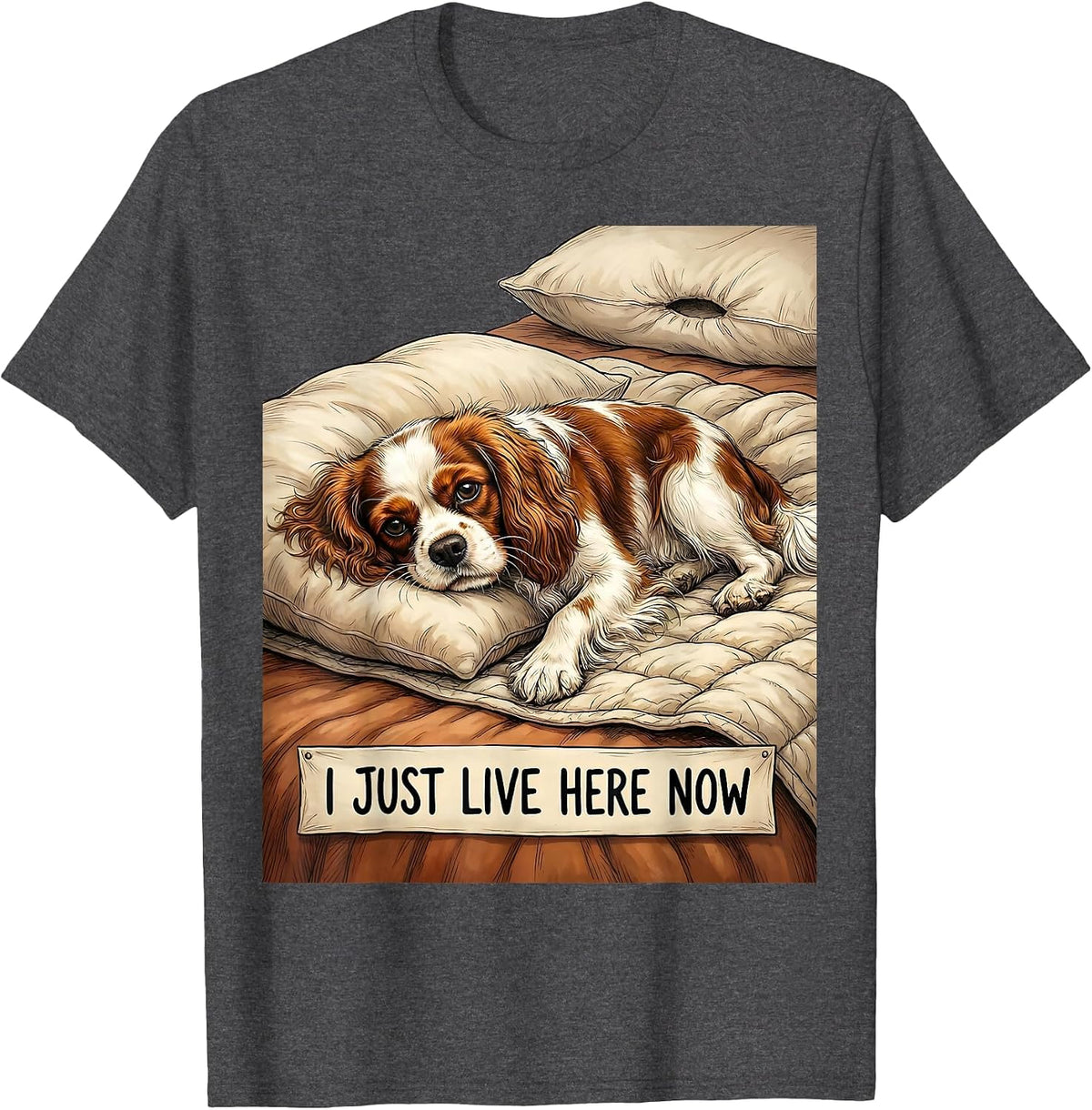 Men's I Just Live Here Now Cozy Cavalier King Charles Spaniel Dog T-Shirt - Dark Heather Grey