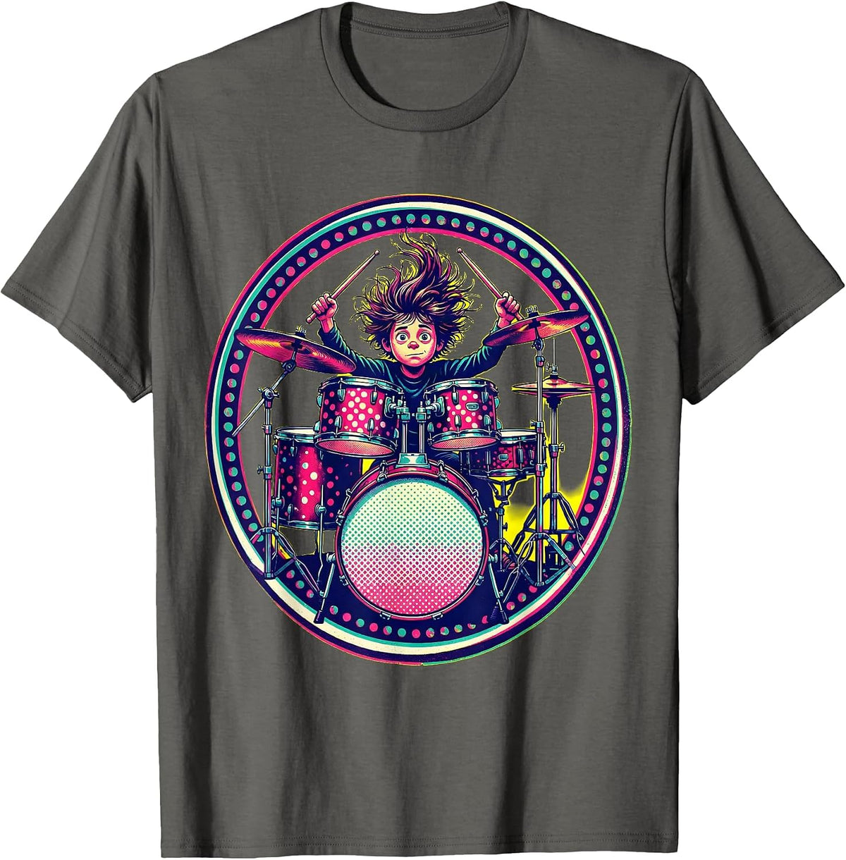 Polka Dot Drum Kit Kid Drummer Illustration T-Shirt - Asphalt Grey