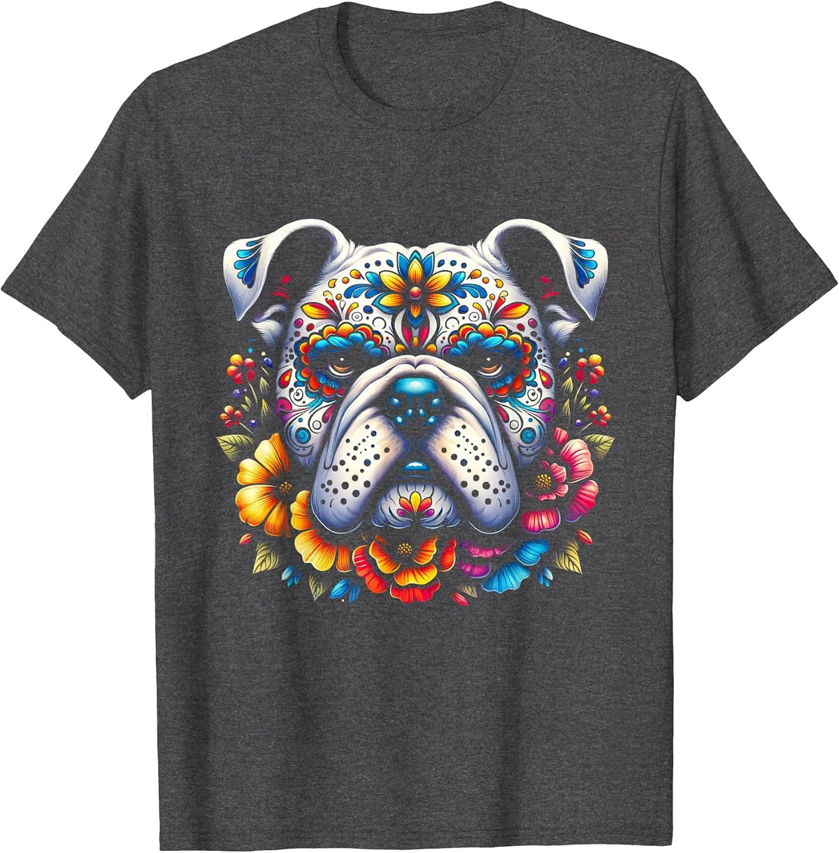 Cinco De Mayo Sugar Skull Flower Bulldog T-Shirt - Dark Heather Grey