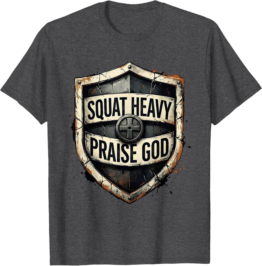 Men's Squat Heavy Praise God Distressed Christian Gym Faith T-Shirt - Dark Heather Grey