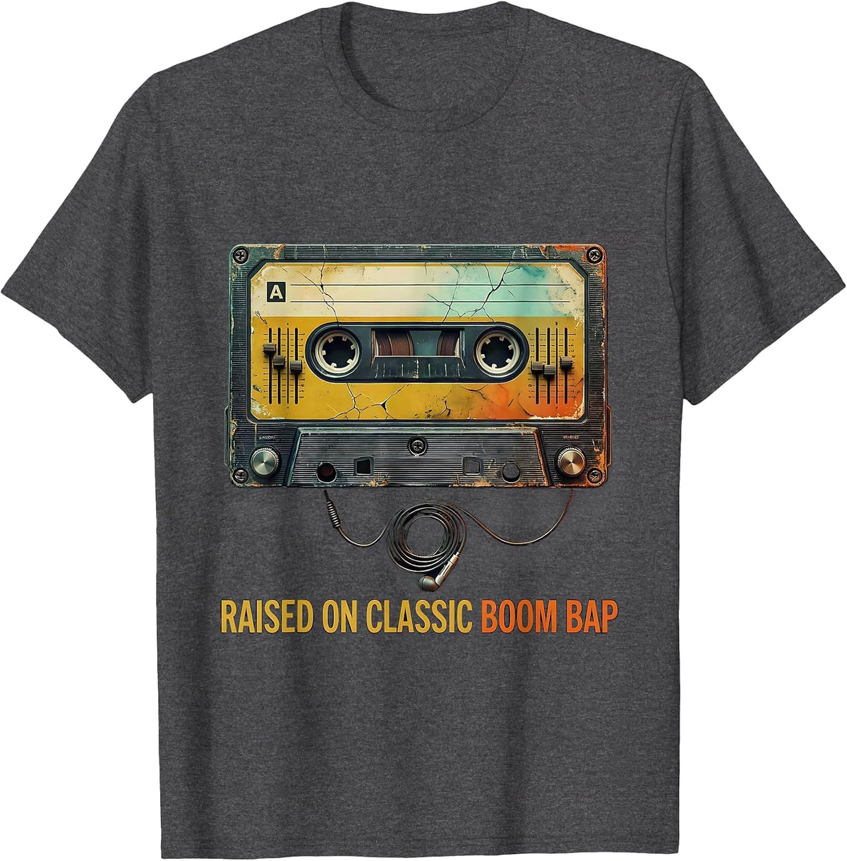 Men's Raised On Classic Boom Bap Distressed Hip Hop Nostalgia T-Shirt - Dark Heather Grey