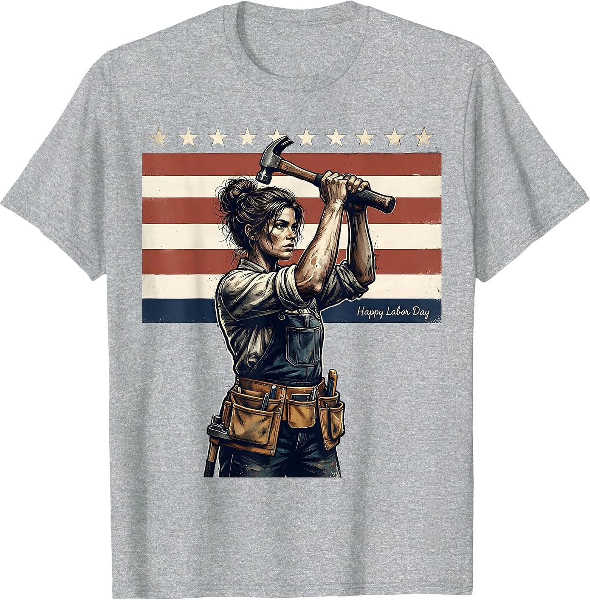 Men's Happy Labor Day Distressed Patriotic Woman Messy Bun Holiday T-Shirt - Heather Grey