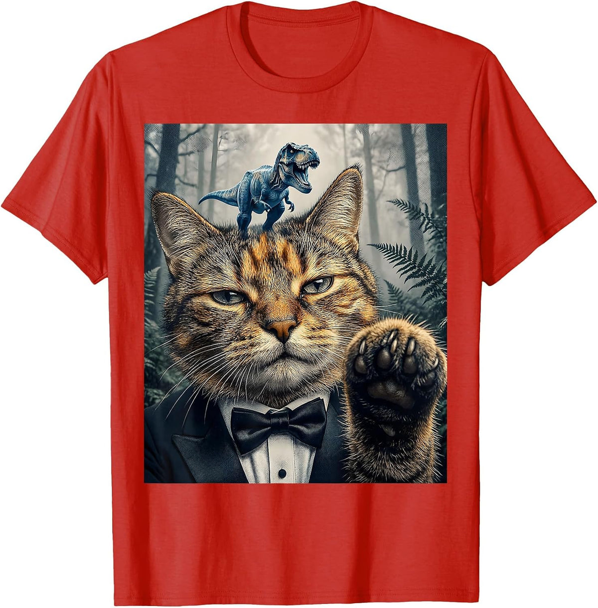 Men's Oversized Deadpan Tuxedo Cat T-Rex Selfie Funny Meme T-Shirt - Red