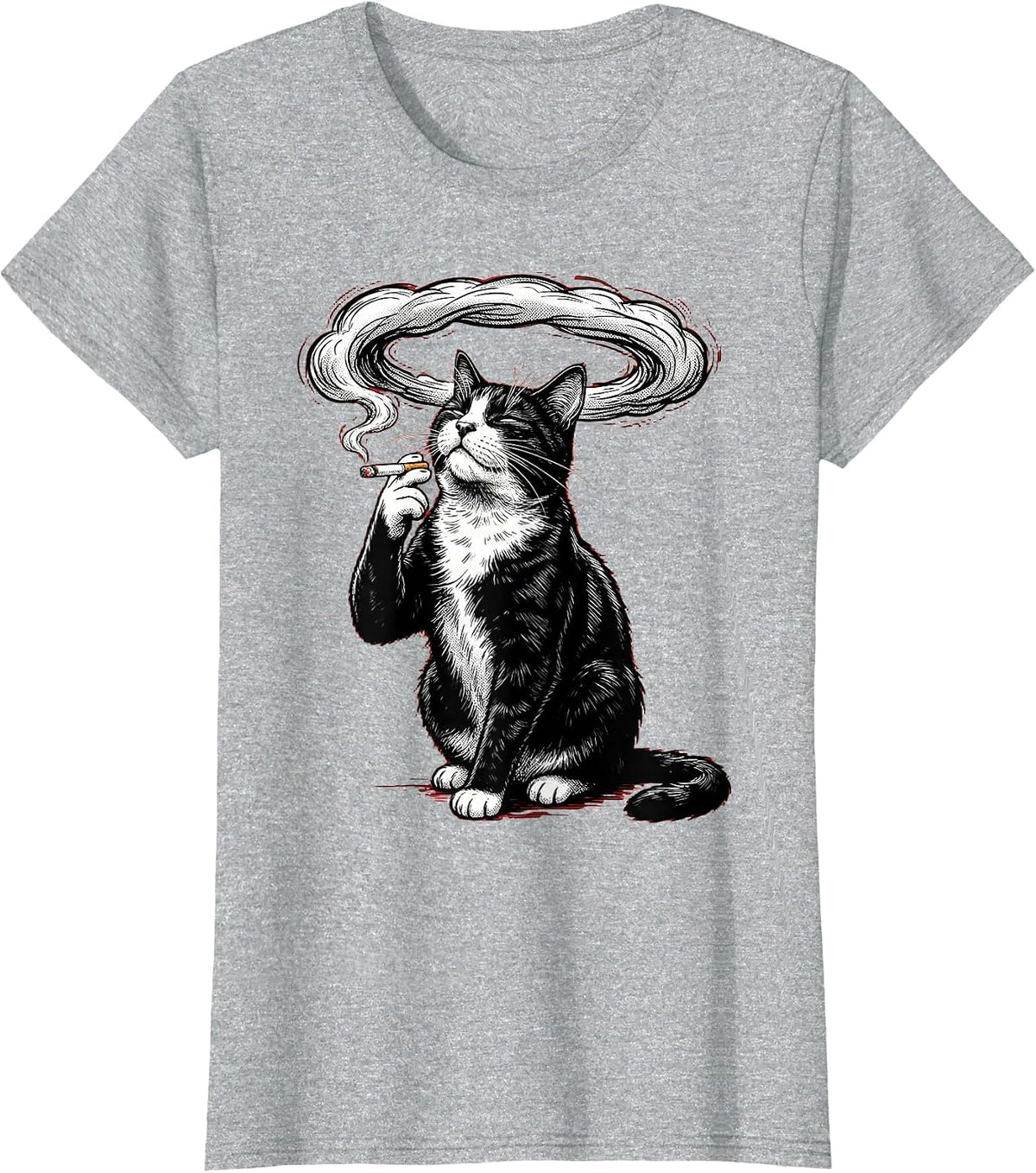 Women's Tuxedo Cat Smoking Dramatic Smoke Ring Art T-Shirt - Heather Grey