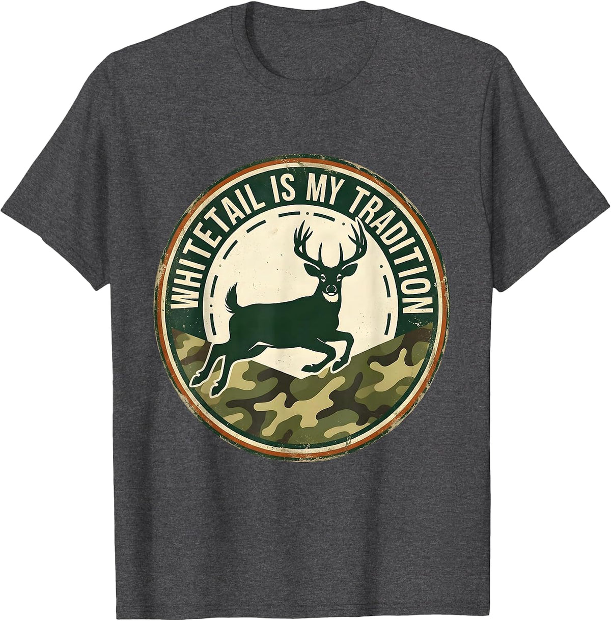 Whitetail Is My Tradition Vintage Camo Deer Hunting Dad T-Shirt - Dark Heather Grey