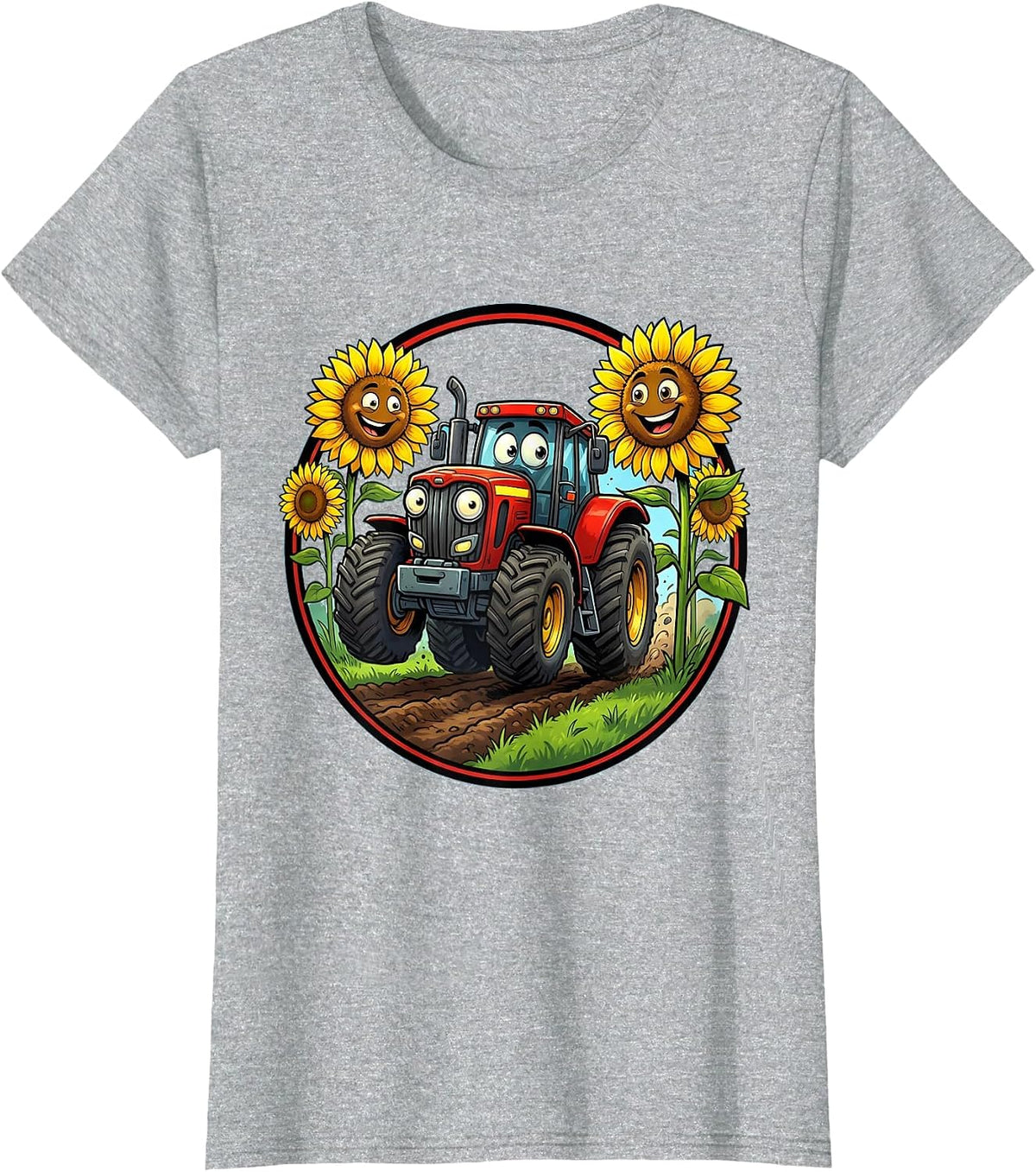 Pre K Tractor Sunflower Field Illustration T-Shirt - Heather Grey