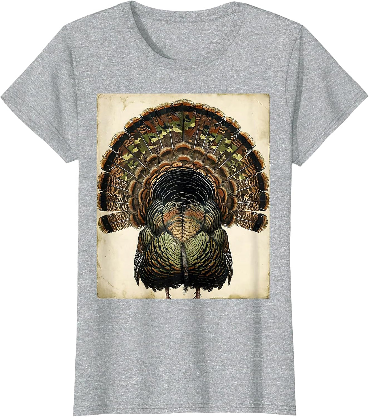 Camo Turkey Feathers Fan Hunting Graphic T-Shirt - Heather Grey