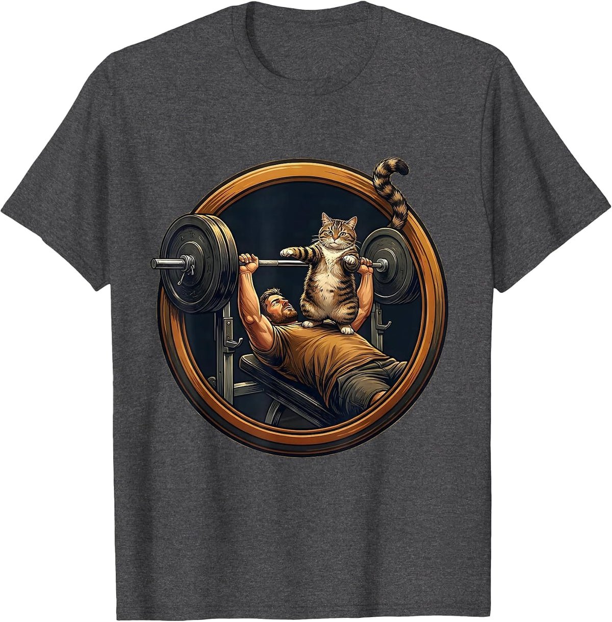 Men's Cat Dad Weightlifting Spotter Graphic Tee T-Shirt - Dark Heather Grey