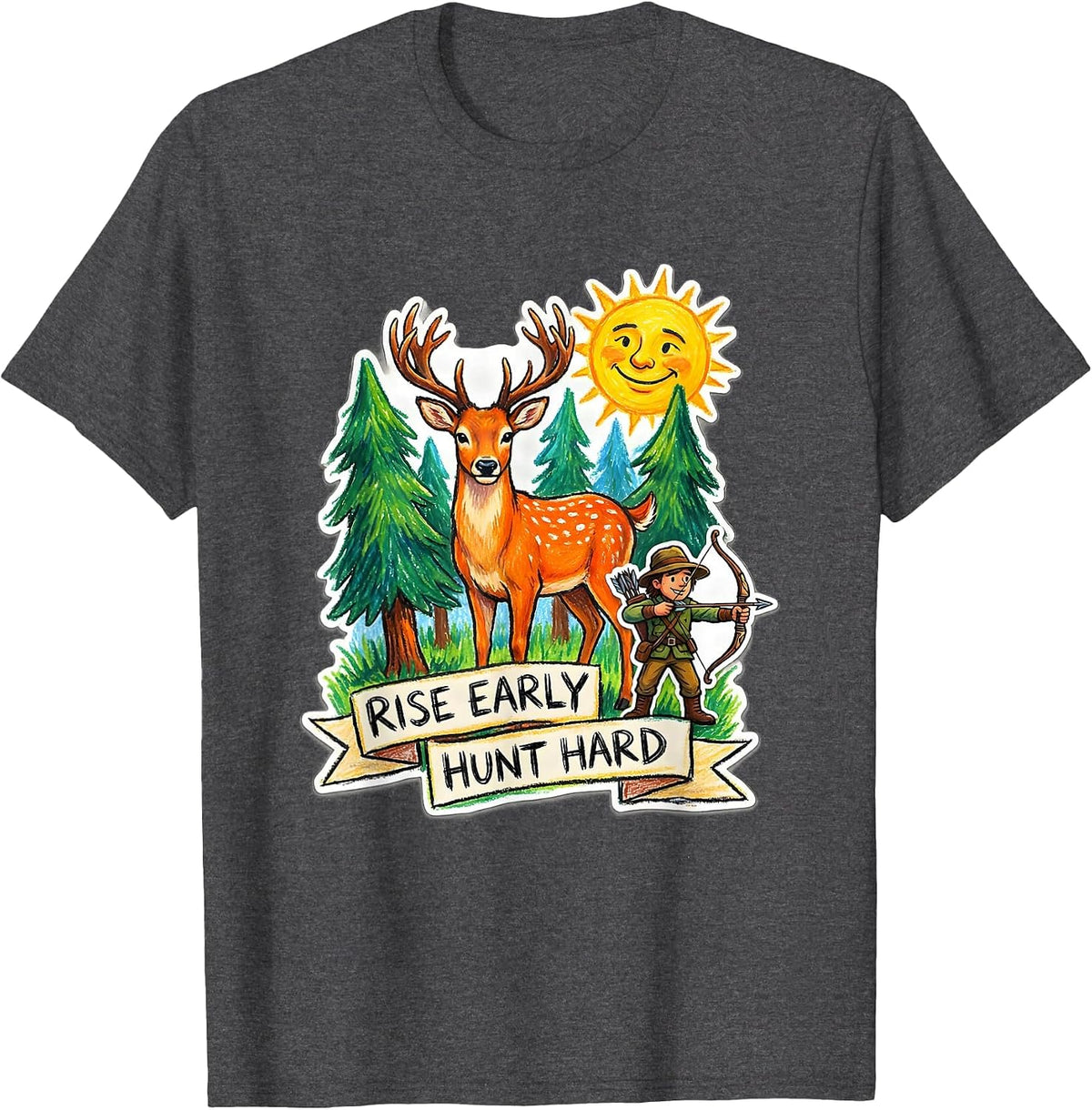 Rise Early Hunt Hard Hunting Design T-Shirt - Dark Heather Grey