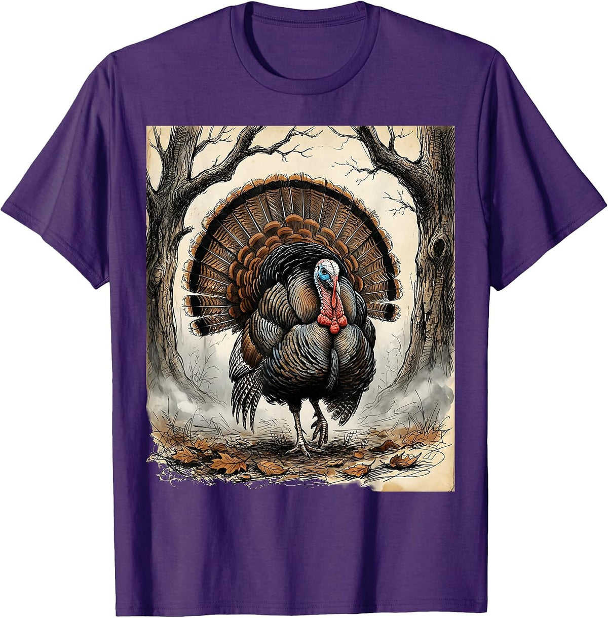 Wild Turkey Misty Morning Forest Thanksgiving T-Shirt - Purple