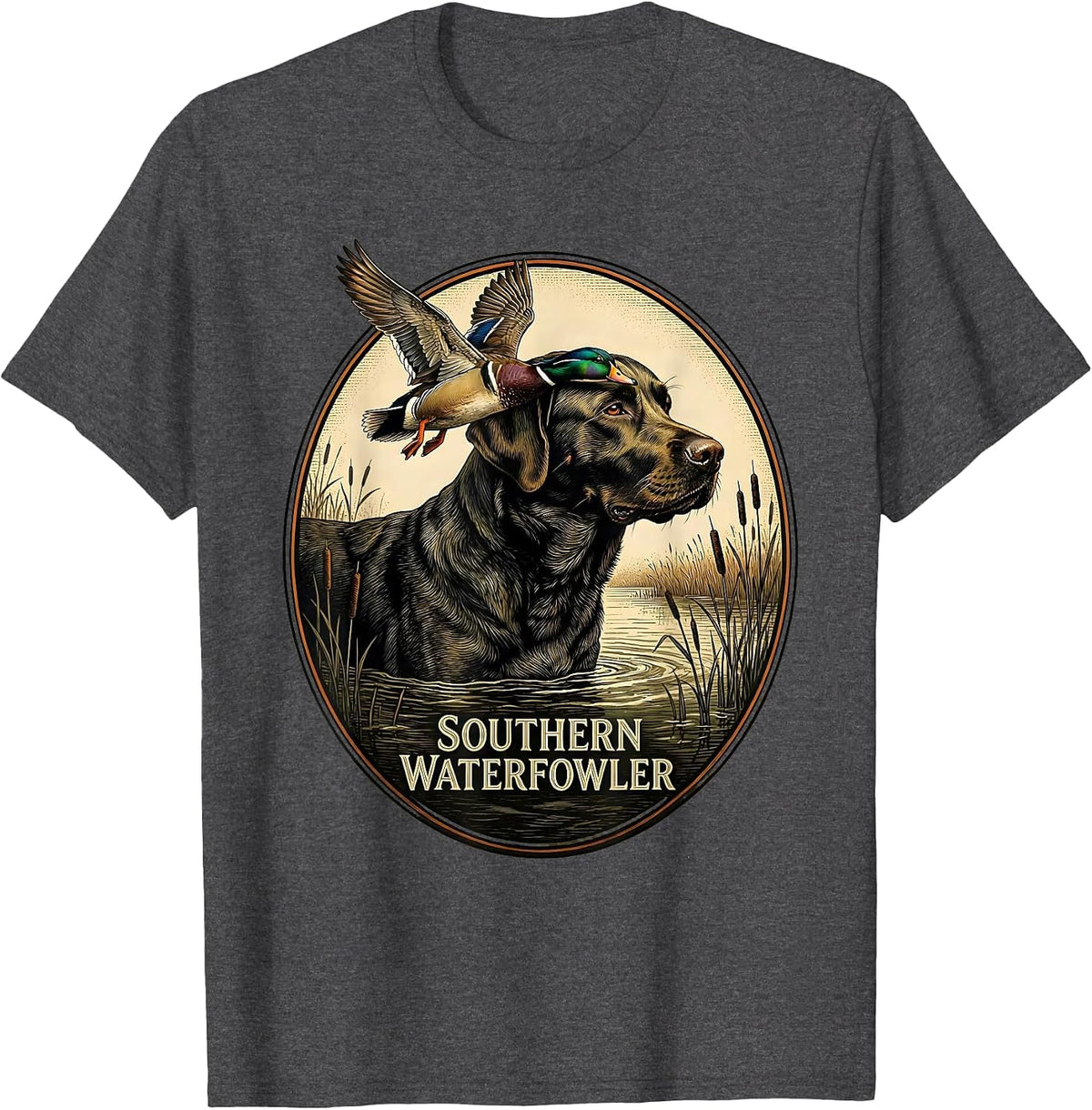Southern Waterfowler Vintage Labrador Duck Hunting Emblem T-Shirt - Dark Heather Grey