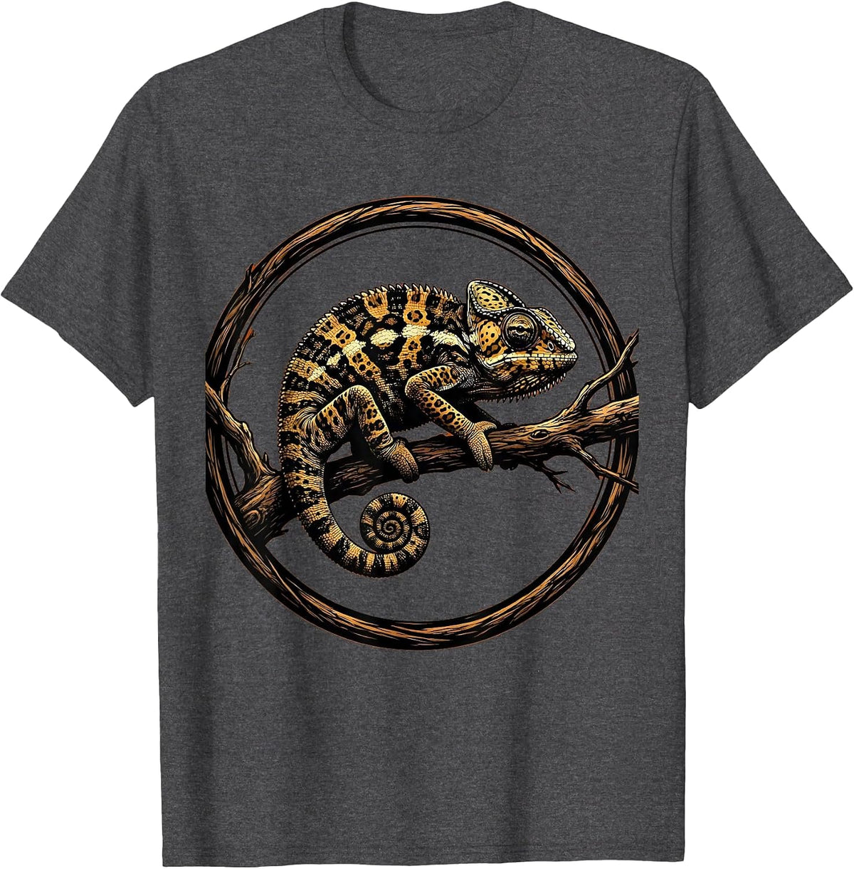 Safari Chameleon on Branch Illustration T-Shirt - Dark Heather Grey