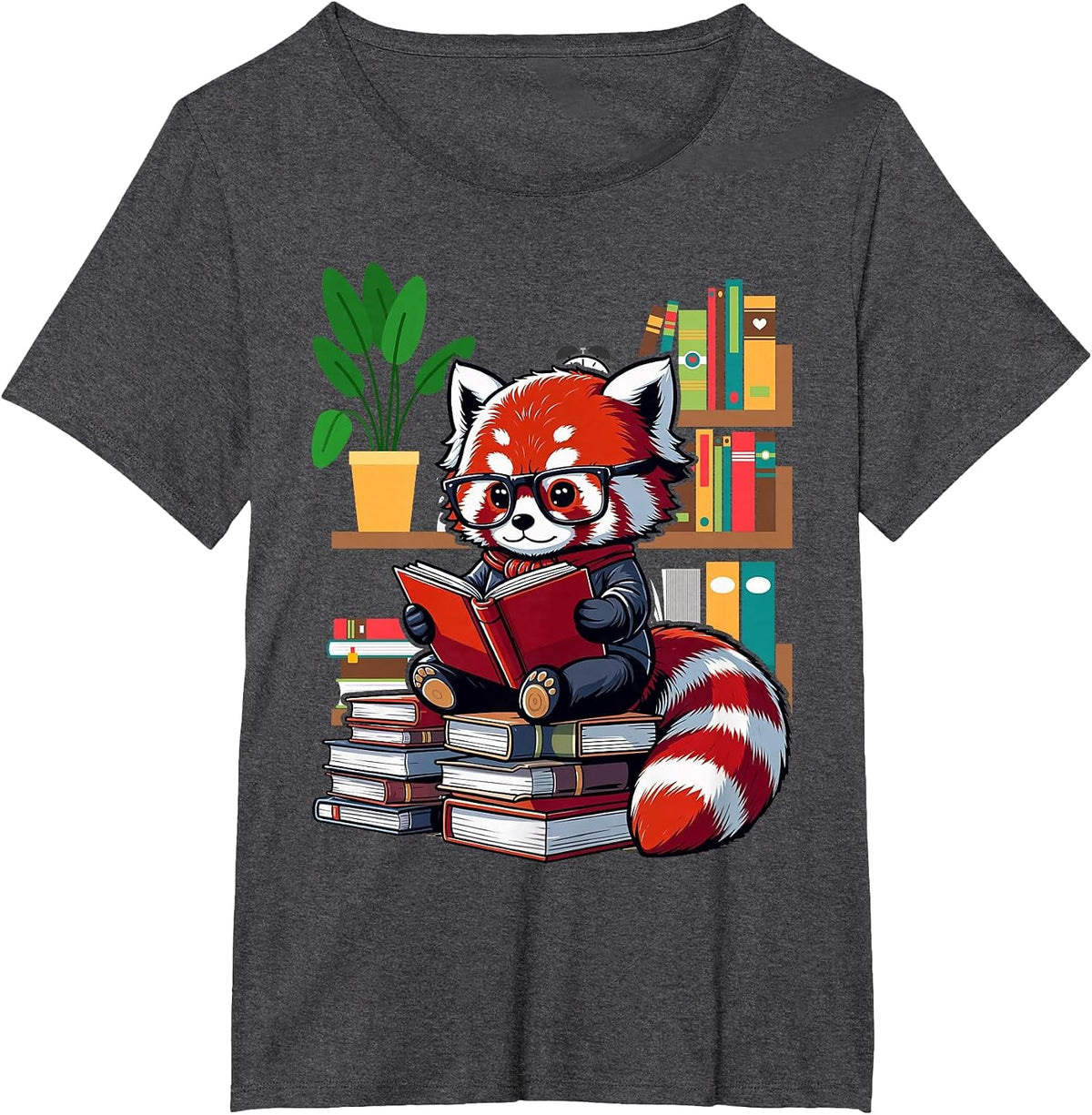 Red Panda Books Lover Reading Bookworm T-Shirt - Dark Heather Grey