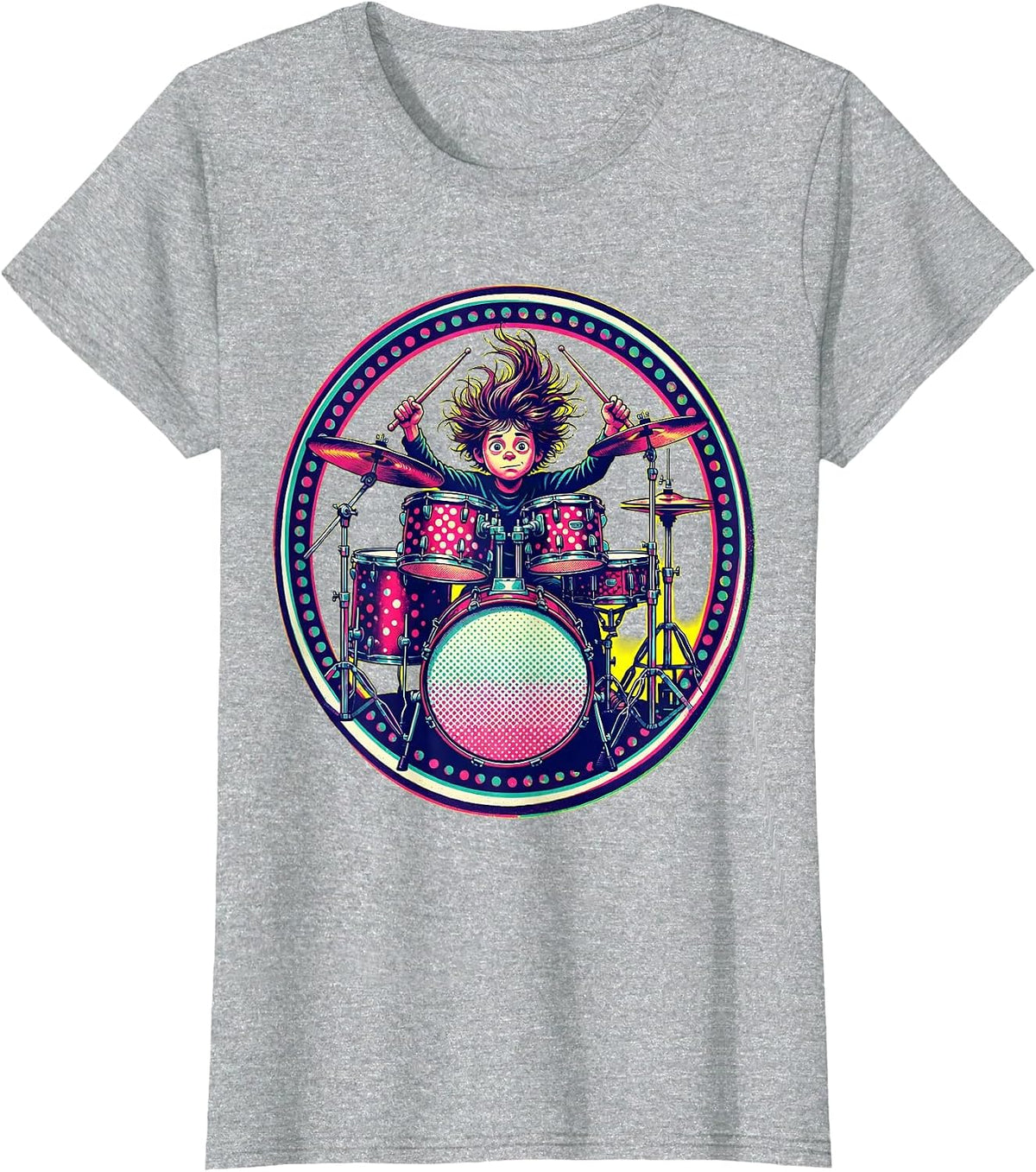 Polka Dot Drum Kit Kid Drummer Illustration T-Shirt - Heather Grey