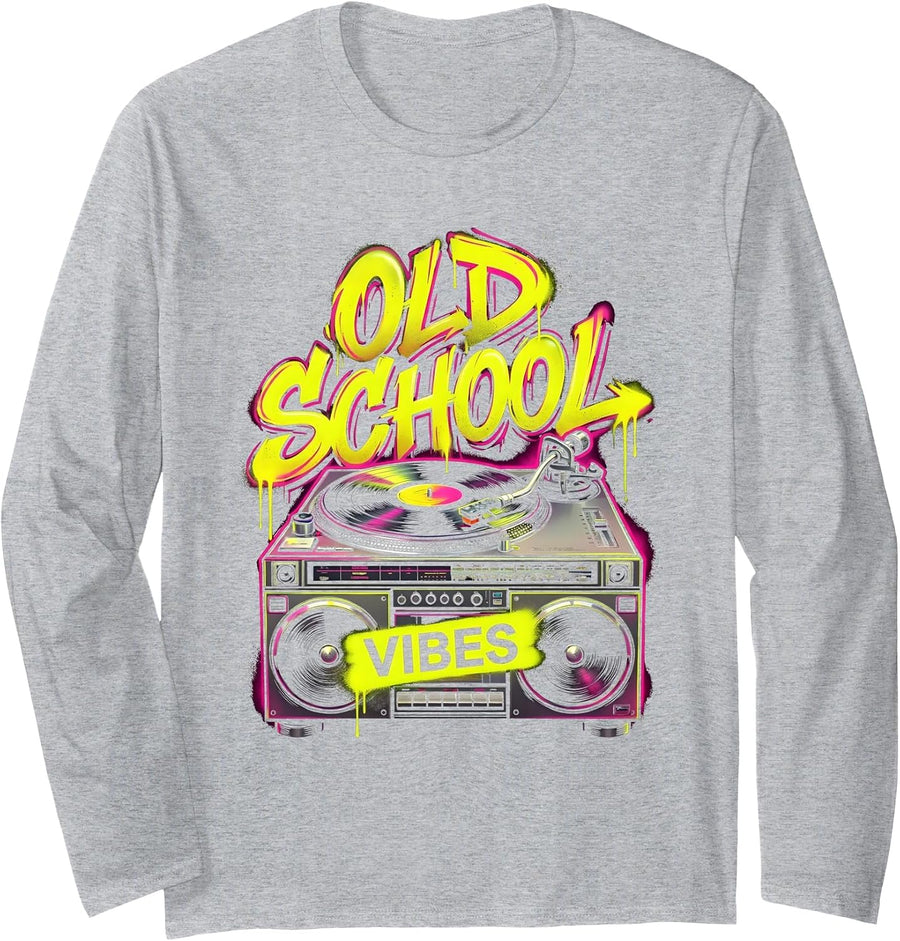 Old School Vibes Hip Hop Graphic Design Long Sleeve T-Shirt - Adult Unisex Heather Grey