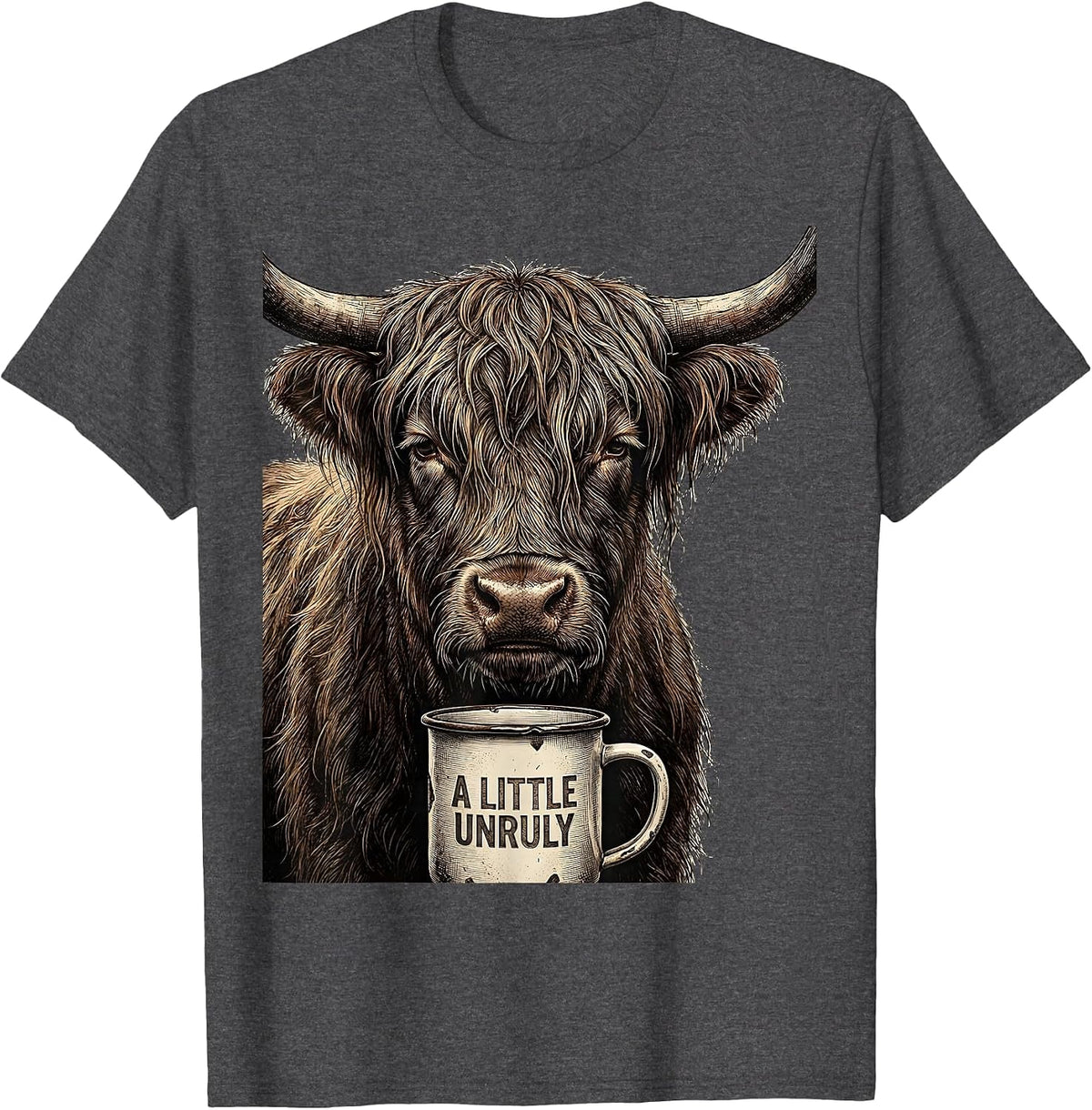 Men's A Little Unruly Funny Highland Cow Coffee Lover Novelty T-Shirt - Dark Heather Grey