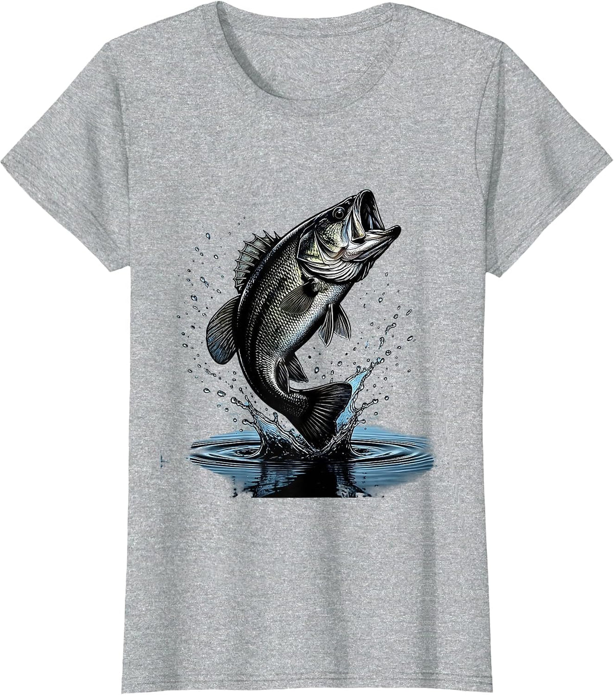 Largemouth Bass Leaping From Water Fishing Design T-Shirt - Heather Grey
