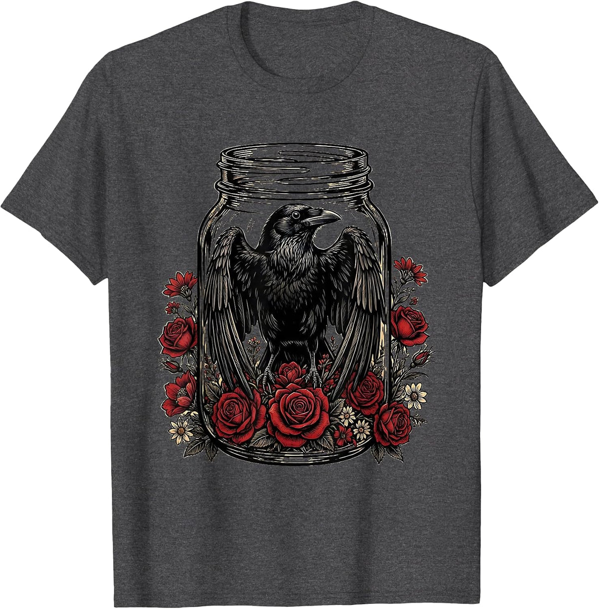 Crow in a Mason Jar with Flowers Illustration T-Shirt - Dark Heather Grey