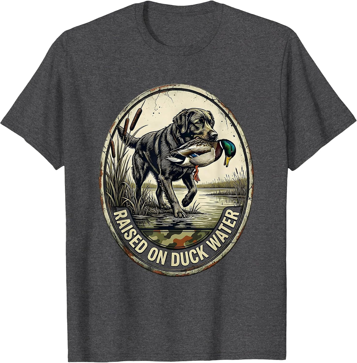 Men's Raised On Duck Water Distressed Hunting Dog Waterfowl Pride T-Shirt - Dark Heather Grey