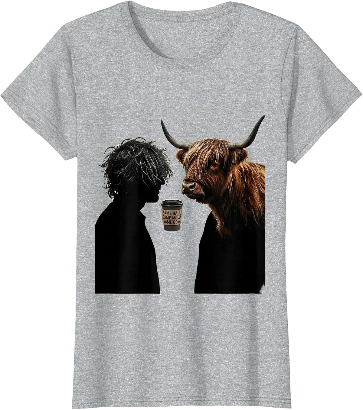 Same Hair, Same Mood, Same Cow Funny Highland Cow Coffee T-Shirt - Heather Grey